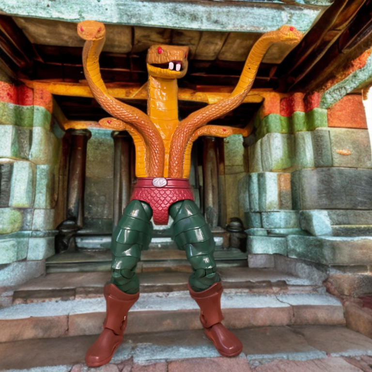 MOTU Classics King Hiss Actionfigur, die den inneren Schlangenkörper und die goldenen Schuppen zeigt.