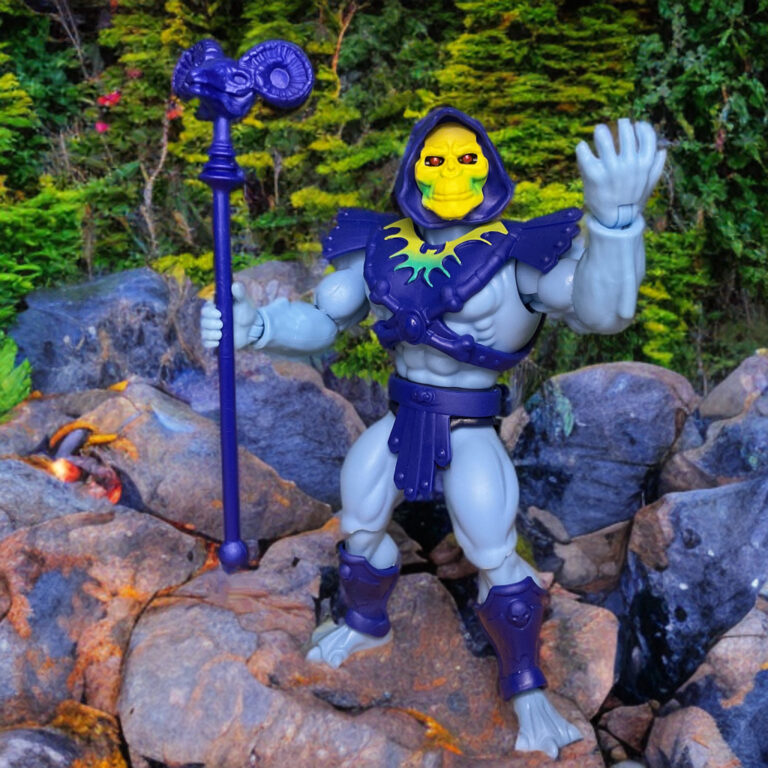 Close-up of Lords of Power Skeletor figure’s decaying skull face and hooded head sculpt.