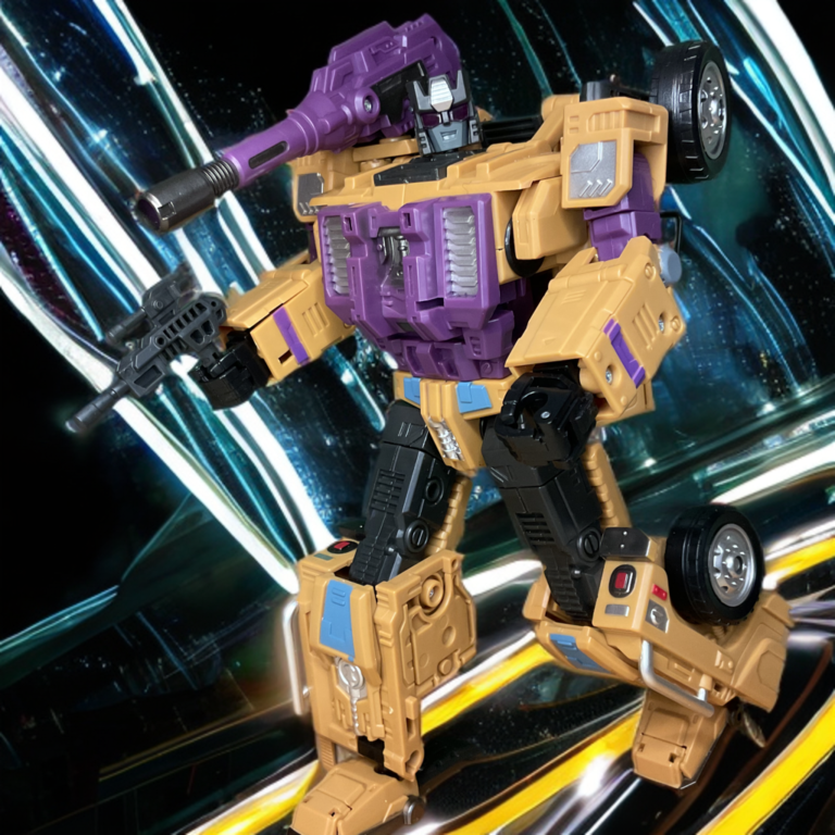 Transformers Swindle action figure posed dynamically, Decepticon deal-maker with weapons and sly grin.