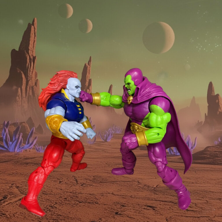 Epic battle scene: Drax the Destroyer charging against the Champion of the Universe on alien planet