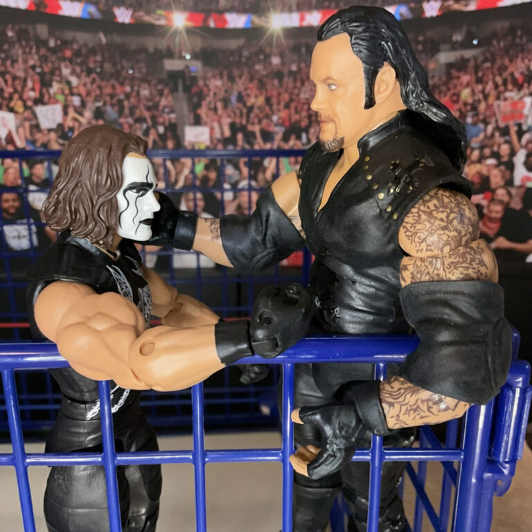 Sting und der Undertaker kämpfen auf der Spitze des Stahlkäfigs.
