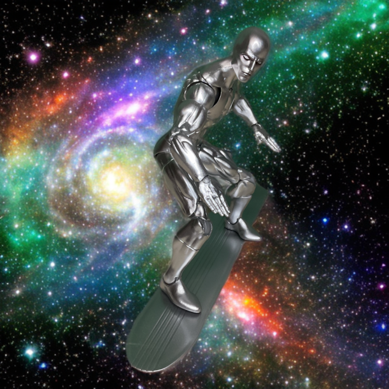 2026 Marvel Legends Silver Surfer figura de acción en acabado cromado completo, posa dinámicamente con tabla de surf