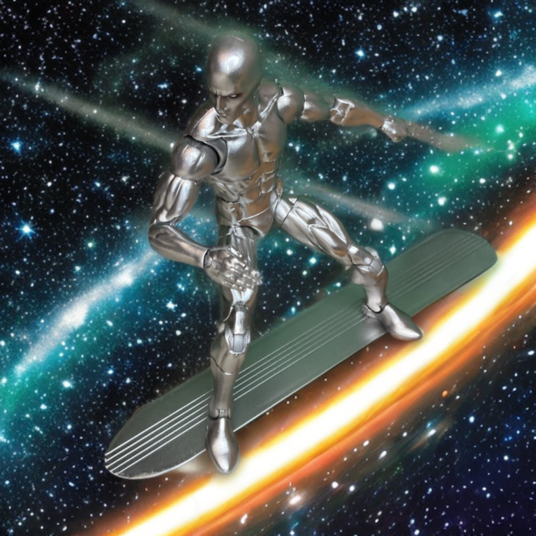 Figura de acción de Silver Surfer en pose de pleno vuelo, surfeando por el aire con articulación completa