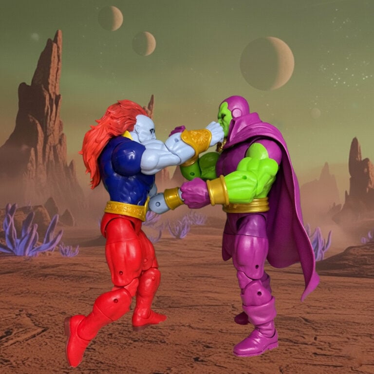 Action figure diorama setup featuring Drax the Destroyer facing off against the Champion