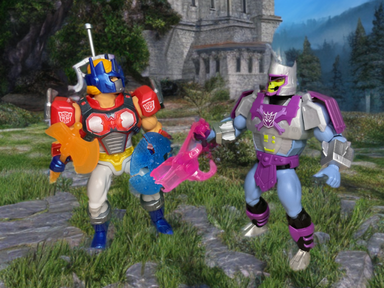 Optimus Prime armadura He-Man se enfrenta a Megatron armadura Skeletor Frente al Castillo Grayskull.