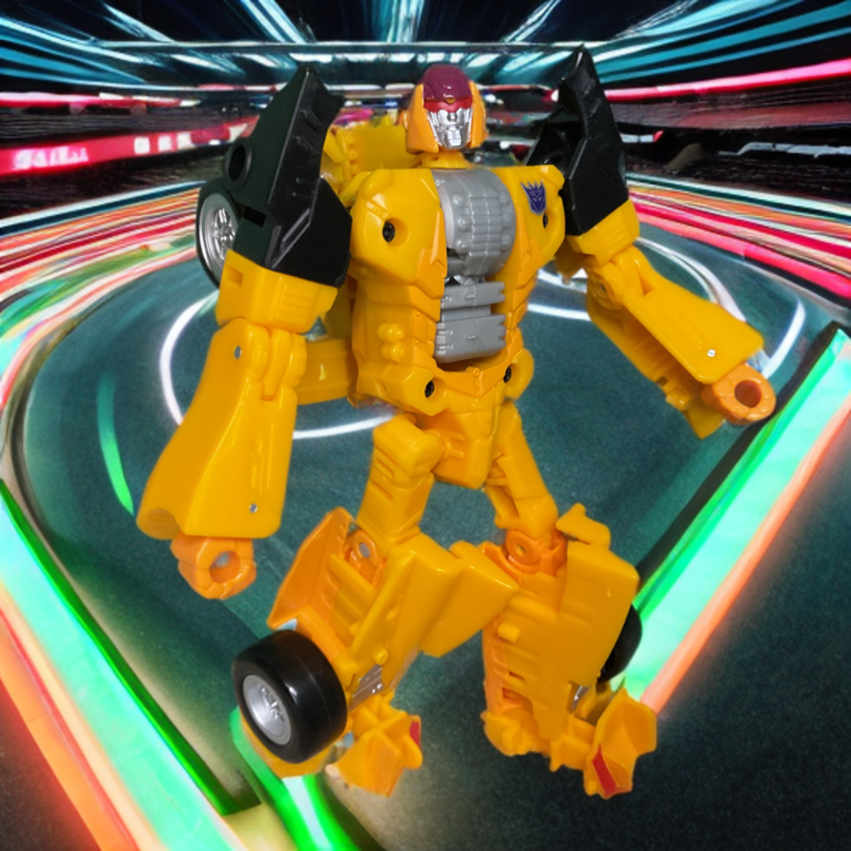 Drag Strip Transformers robot mode, yellow F1 car-based Decepticon in dynamic action stance.