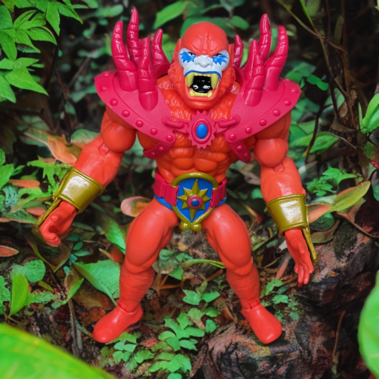 Detailed shot of Lords of Power Beast Man figure showing furious expression and furry body.