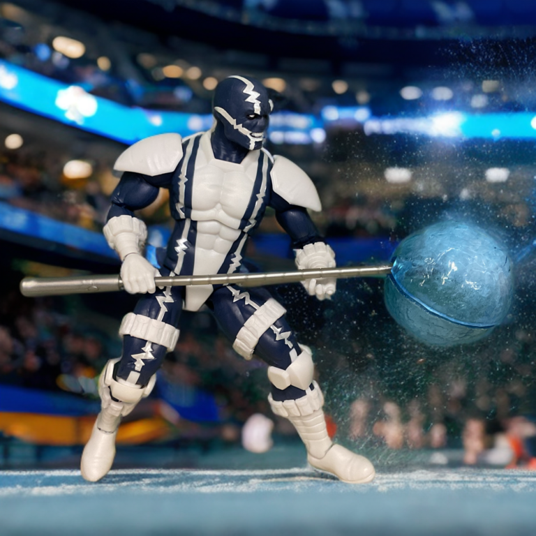 Figura de ação cardíaca em uma pose de ação, balançando um bastão com uma bola de energia azul anexada, em um fundo de estádio.