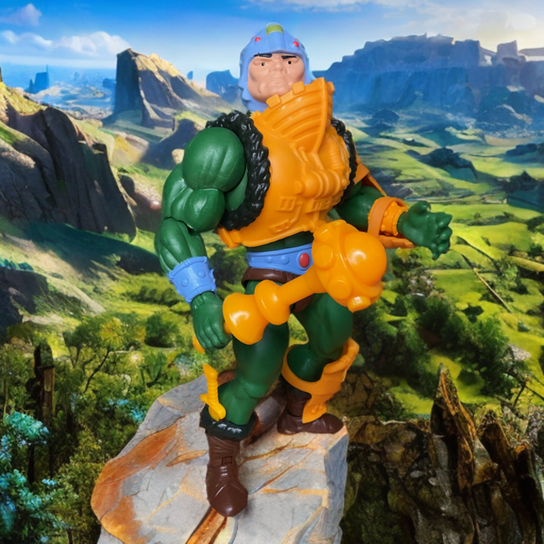 MOTU Origins Lords of Power Man-At-Arms figure in weathered orange armor with mace weapon.