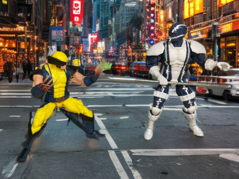 Figura de ação do Marvel Legends Cardiac em uma posição de combate enfrentando Wolverine em um fundo de rua movimentada da cidade.