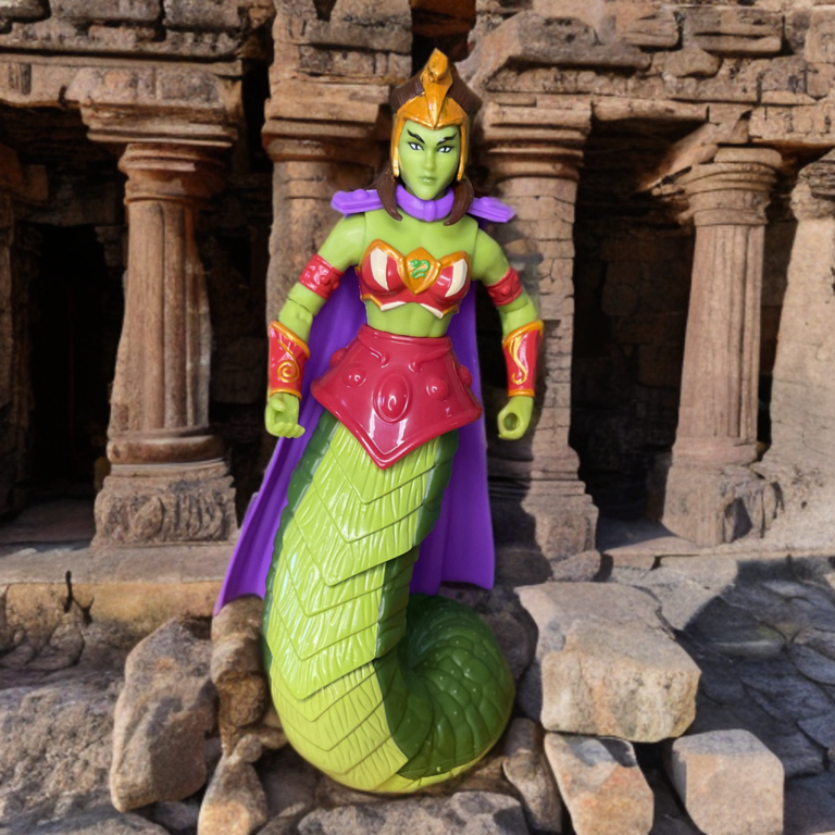 Lady Slither ist eine Figur in Doppelform, die sich in einen massiven Schlangenschwanz, eine königliche Rüstung und eine beherrschende Pose auf dem Thron verwandelt.