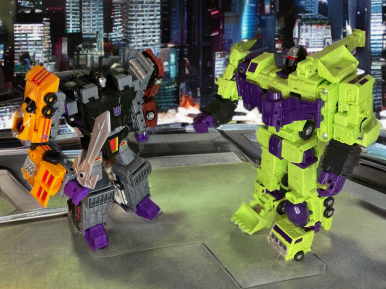 Transformers combiners Menasor (right, black/red/yellow) and Devastator (left, green/purple) posed side by side in robot mode, highlighting size difference and design contrast in G1/Legacy style.