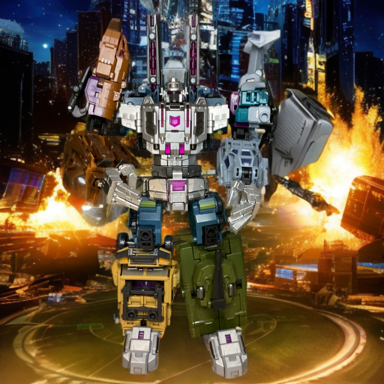 Bruticus combiner robot fully assembled, massive purple and white form towering over battlefield.