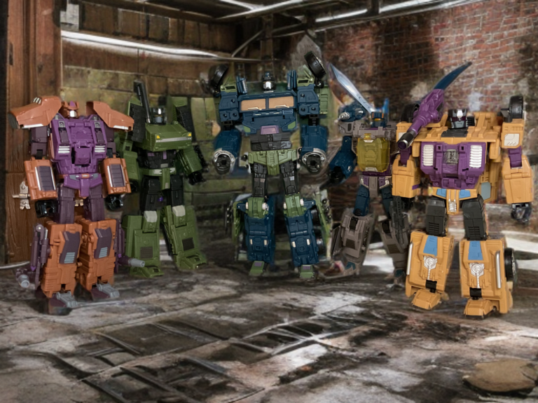 Newly formed Combaticons standing together in a dingy mechanical warehouse.