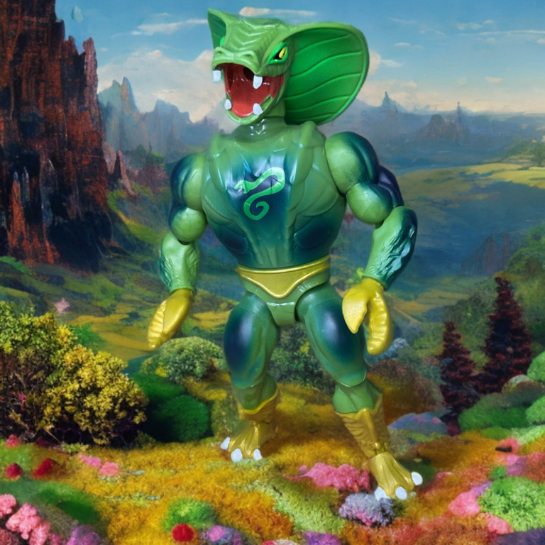 Exklusive Camo Khan Origins-Figur in wechselnder Tarnfarbe, mit Kapuzen-Kobrakopf und mystischen goldenen Klauen, die verstohlen posiert.