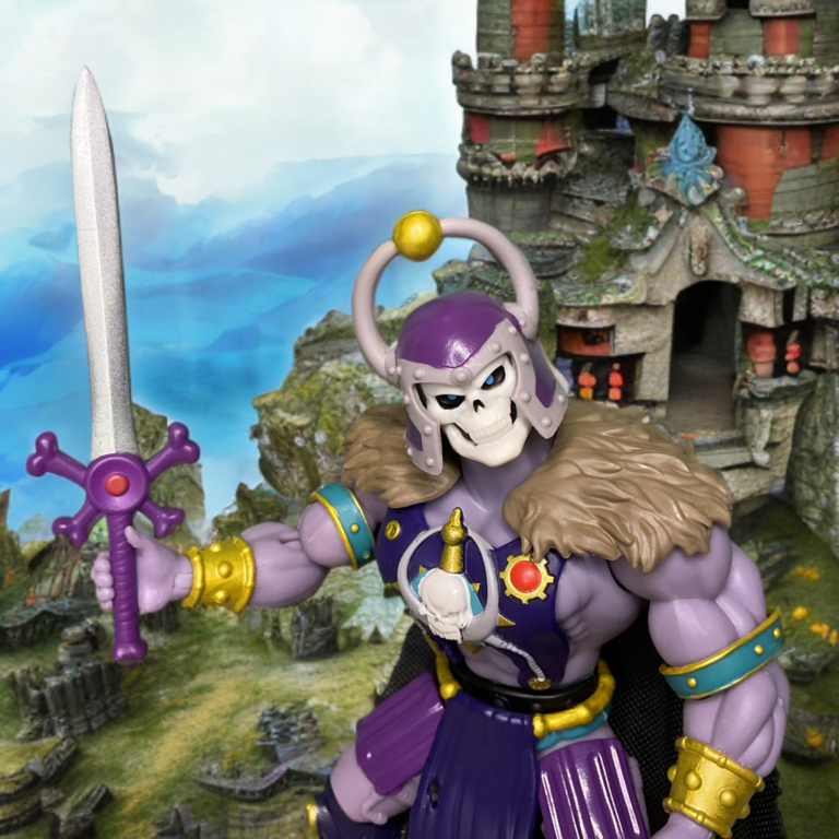Great Black Wizard Origins figure showcasing layered purple-and-gold body armor with arcane rune etchings and scale textures