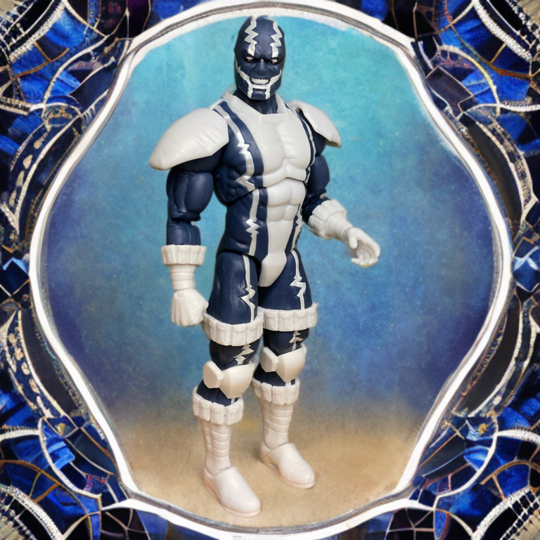 Uma foto de corpo inteiro da figura de ação Cardiac em pé, heroicamente, contra um fundo decorativo de mosaico azul.