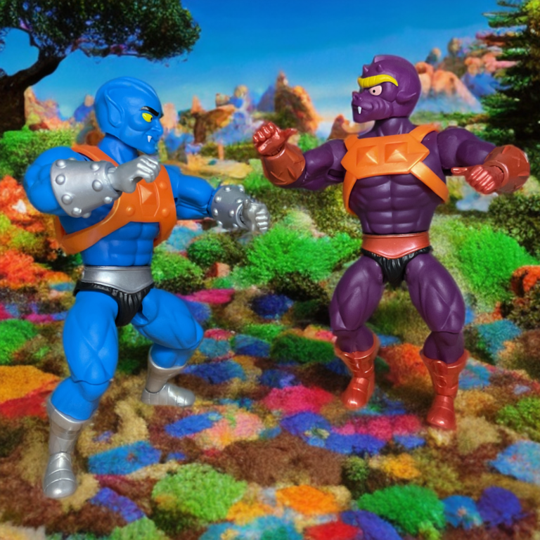 Tuvar and Baddrah duking it out in an Eternian forest.