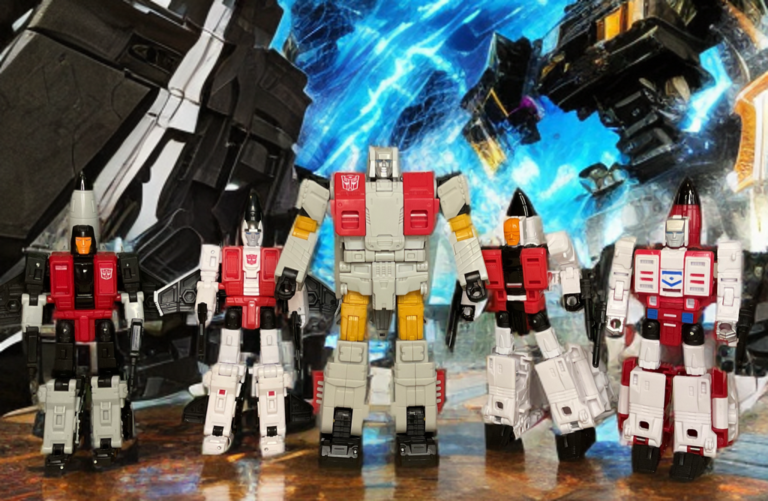 Transformers Age of the Primes Aerialbots equipe completa em modo robô foto de grupo, Silverbolt com Slingshot Air Raid Fireflight Skydive lineup