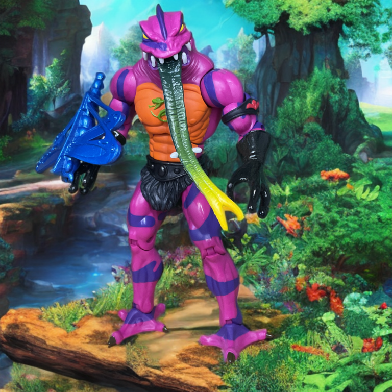 Lila geschuppte Tung Lashor Actionfigur mit verlängerter Zungenwimper, froschähnlichen Gesichtszügen und schelmischem Ausdruck.