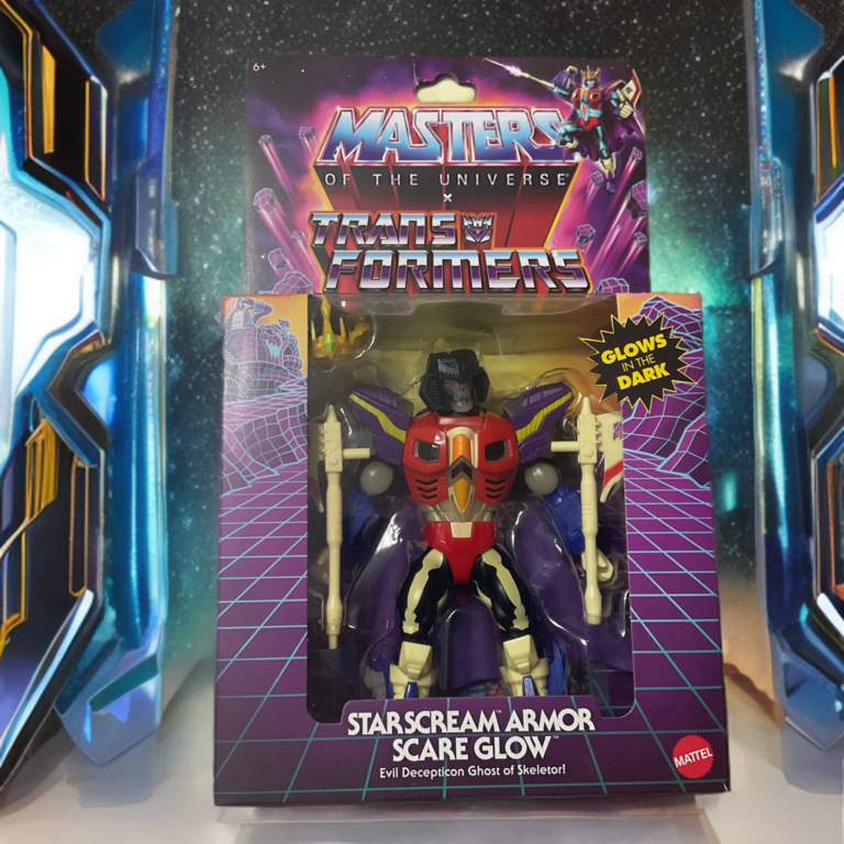 Front of Masters of the Universe x Transformers Starscream Armor Scare Glow window box packaging.