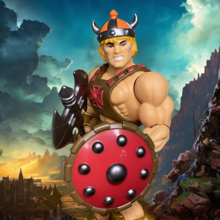 Vue avant de la figurine He-Man du Sketchbook montrant le casque à cornes, la hache d'armes et les accessoires du bouclier rouge.