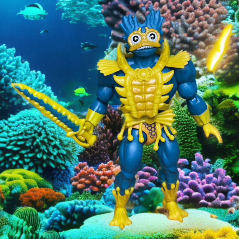 MOTU Origins Lords of Power Mer-Man figure with yellow-green skin and aquatic sword.