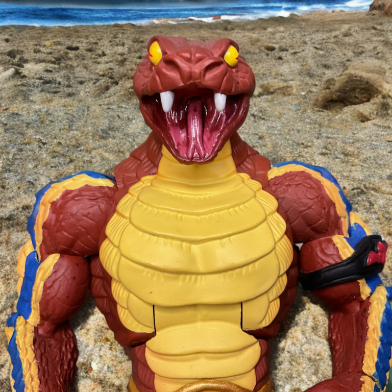 Close-up of Rattlor MOTU Classics figure, matching maroon neck for uniform serpentine look