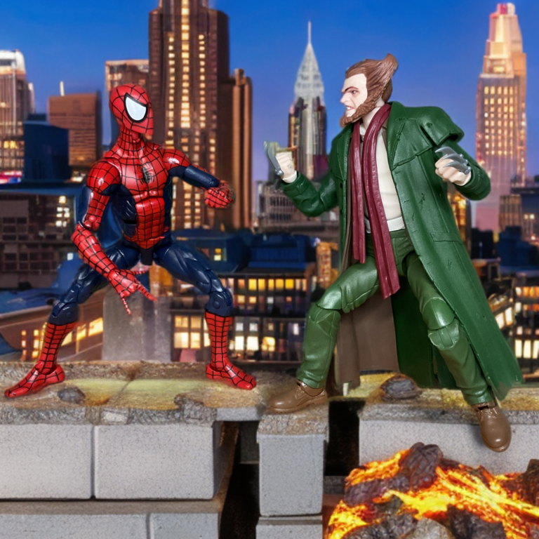 Spider-Man and the owl in a action shot in the city.
