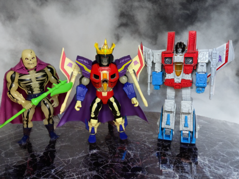Armor Scare Glow alongside MOTU Origins Scare Glow and Dramatic Capture Starscream against a foggy backdrop.