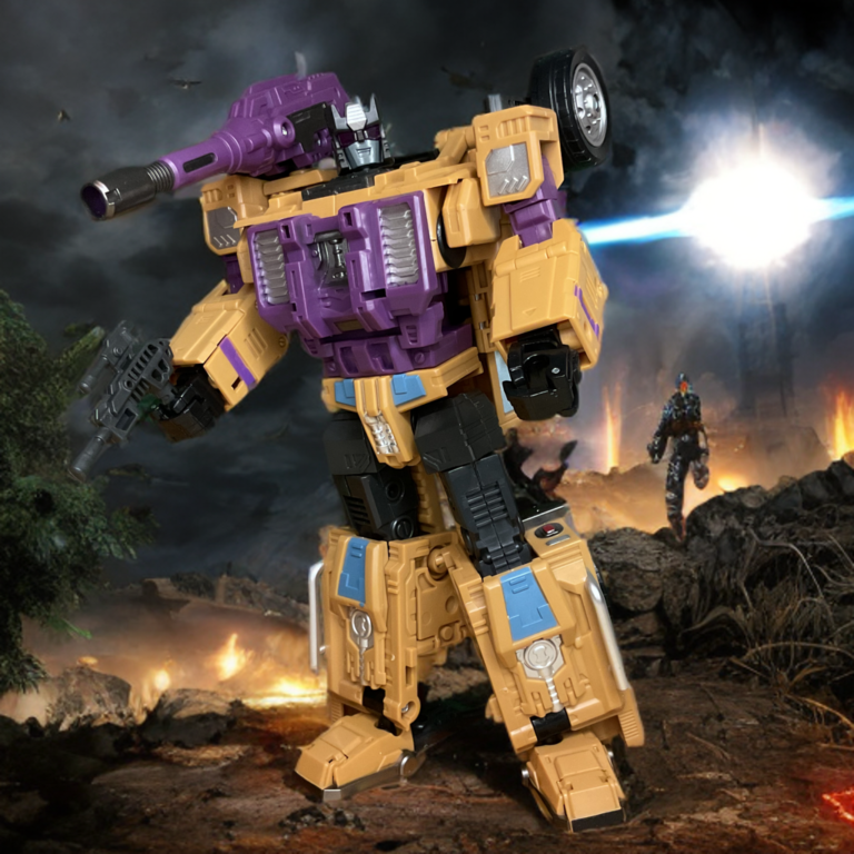 Transformers Generation 1 Swindle robot mode action figure, purple and yellow Decepticon with weapons and opportunistic stance.