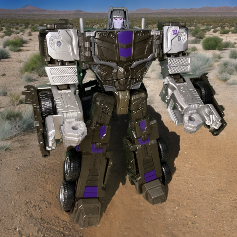 Motormaster Legacy United animated style robot mode, purple and black against a desert background.