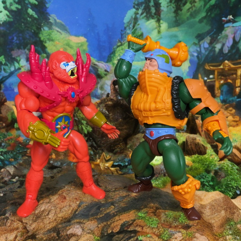 Beast Man battles Man-at-Arms in a epic fantasy scene.