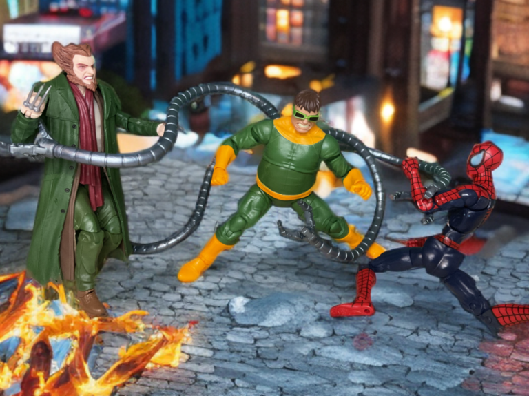 The owl facing off with Spider-Man and Dr. octopus in the city with flames rising around them.