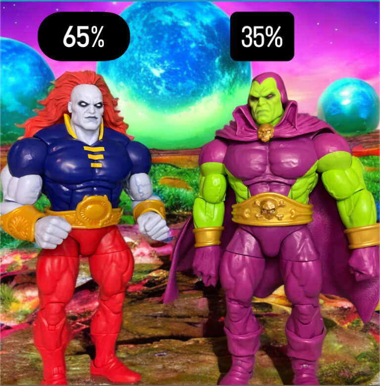 Marvel action figures of Drax and the Champion posed in eternal standoff on rocky terrain. Champion wins 65% to 35%.