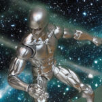 Silver Surfer soaring through space on his cosmic surfboard, silver skin gleaming under stars