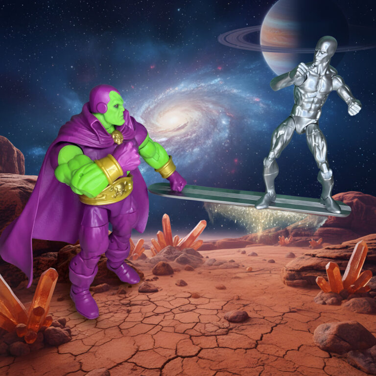 Silver Surfer desatando una poderosa explosión de energía cósmica en pose de acción dinámica