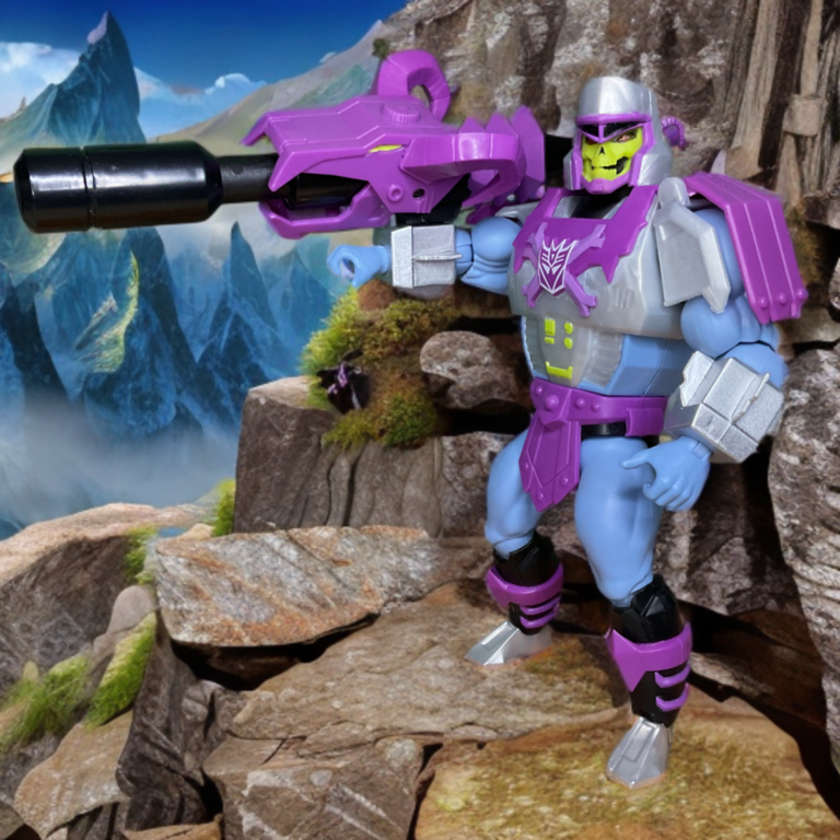 Postura de acción en la cima de la montaña de MOTU Orígenes Megatron Armadura Skeletor en pleno ataque, evocando la clásica energía del villano del crossover de los 80. Posado de acción de MOTU Orígenes Megatrón Armadura Skeletor en pleno ataque, evocando la clásica energía de los villanos del crossover de los 80.