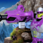 Featured hero image of Masters of the Universe Origins Megatron Armor Skeletor action figure in full armored pose, blending Skeletor’s skull face and purple robes with Megatron’s gunmetal helmet, cannon, and tank-tread boots against a dramatic background.