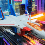 Transformers Starscream in jet mode flying over futuristic city with neon lights, orange energy trails, dramatic action pose as Decepticon Air Commander.