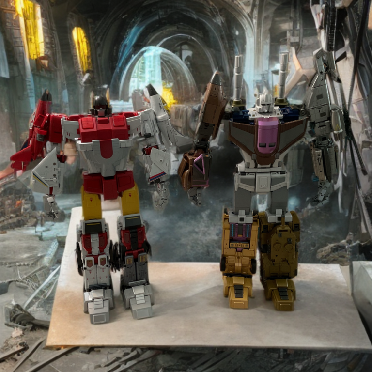 Zeta Toys Superitron Metallic combined facing Zeta Bruticus combiner in dramatic display pose.