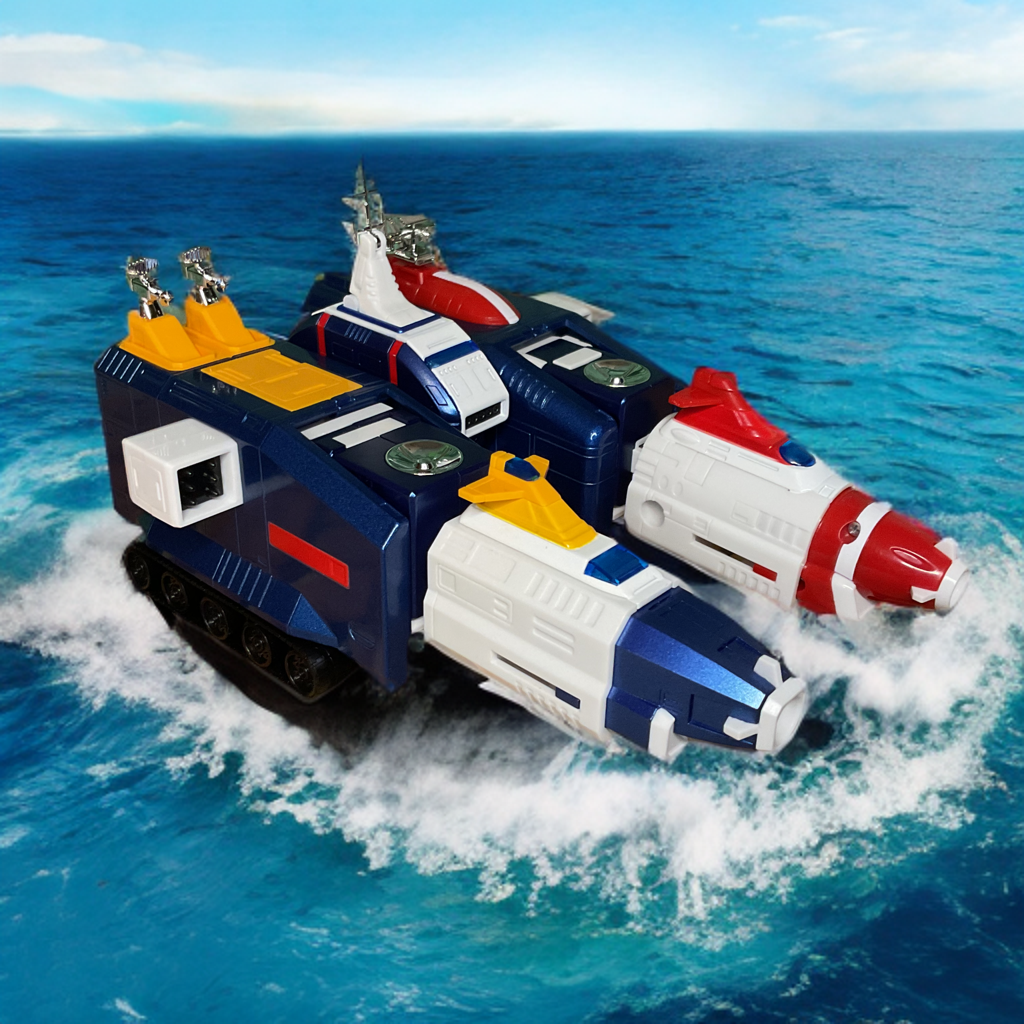GX-88 Sea Team vehicles including Communications Module and Multi-Wheeled Explorers above water.