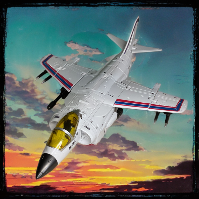 Side view of Zeta Superitron Metallic Catapult in Harrier Jump Jet mode, glossy white and metallic maroon finish with detailed nozzle articulation.
