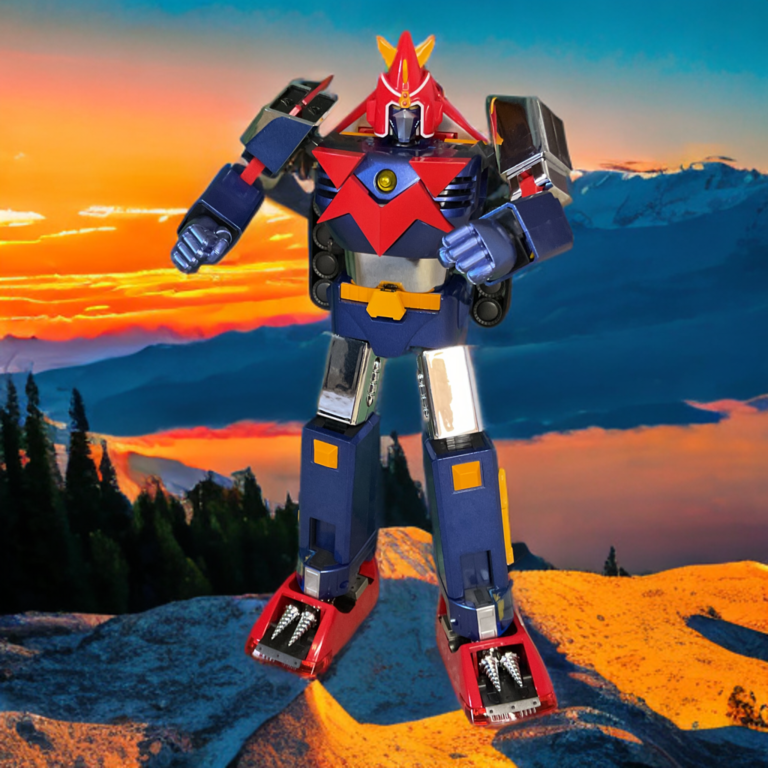 Bandai Soul of Chogokin GX-31SP Voltes V fully combined robot mode, front view in classic heroic stance, silver chrome plating gleaming, orange accents popping, sword at side, 25 cm tall diecast figure on monutainous background.