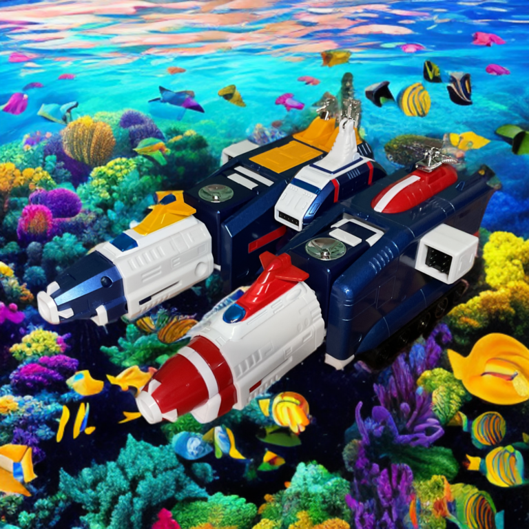 GX-88 Sea Team vehicles including Communications Module and Multi-Wheeled Explorers underwater with fish swimming.