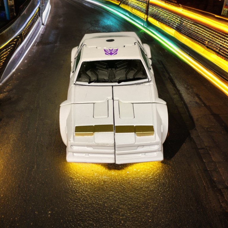 Earthrise Runamuck in white vehicle mode, resembling a classic Trans Am with silver wheels and gold hood stripes.