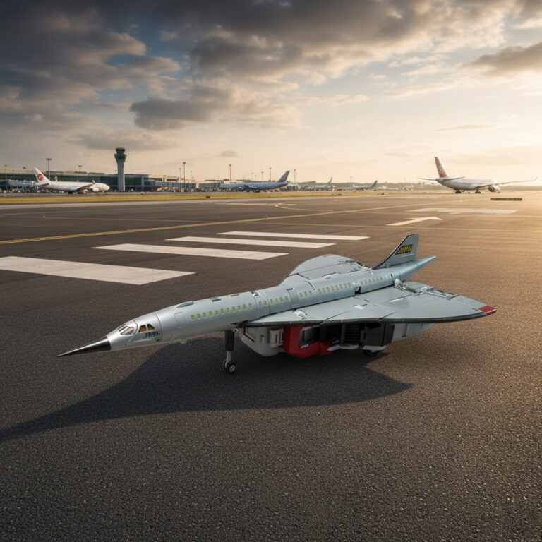 Side view of Zeta Superitron Metallic Silver Arrow in Concorde SST jet mode, glossy metallic finish and sharp supersonic contours.
