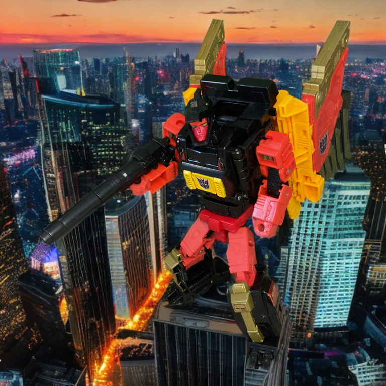 Transformers Power of the Primes Divebomb Robotermodus der Voyager-Klasse, Anführer der Predacons mit Flügeln und Blaster in der Hand.