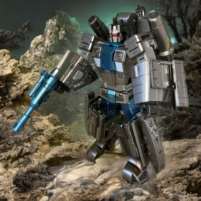 Zeta Toys Whirlblade in robot mode action pose, purple and gray figure with teal cockpit chest, holding cannon and blade on textured backdrop.