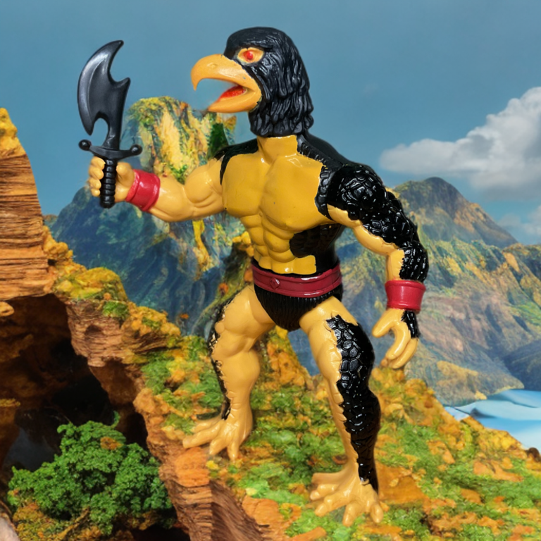 Foto dinâmica da figura de ação Craven Warrior Beasts, bico amarelo semelhante ao de uma águia com interior vermelho, crina de penas pretas, corpo preto musculoso com peito amarelo-amarelado, pés de pássaro com garras, algemas e cinto vermelhos, segurando um machado marrom em pose de ataque.